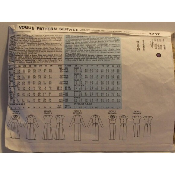 Vogue Basic Design Sewing Pattern 1717, Size 8, 10, 12, Misses, Dress, Loose Fit - Picture 3 of 5